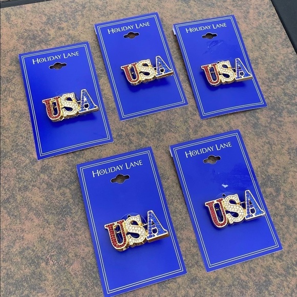 NWT SET LOT OF 5 HOLIDAY LANE USA RED WHITE BLUE CRYSTAL PIN BROOCH - Picture 2 of 4